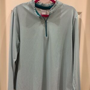 Chico's Zenergy Teal and White Striped Quarter Zip Top